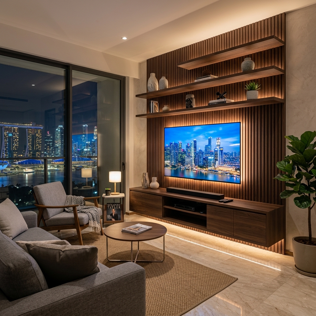 Modern living room with built-in furniture
